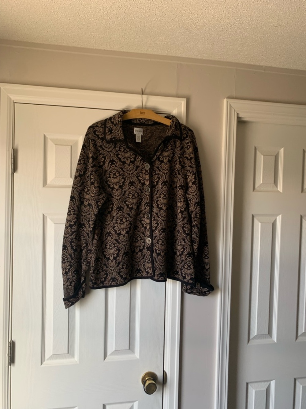 Chico's Black and Tan Damask Button-Front Jacket